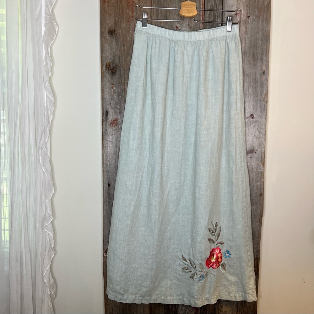 Vintage Hot Cotton by Marc Ware 100% Linen Floral Embroidered Mint Maxi Skirt L